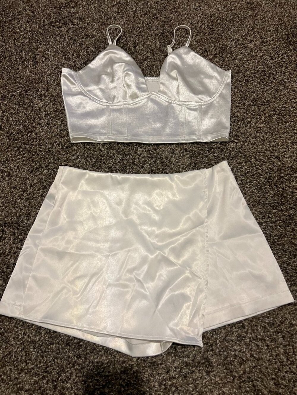 SET - Shein white faux satin bridal / bachelorette skort / tank top w/ plunge